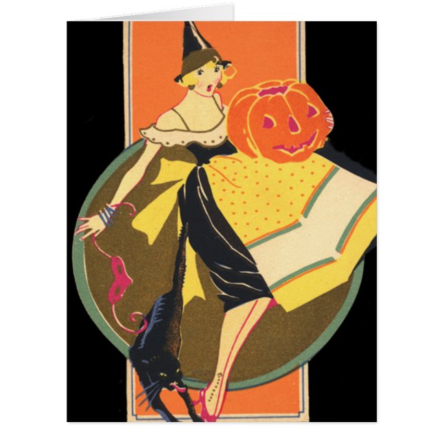 Art Deco Hexe Kürbislaterne Pumpkin Black Cat (Vorderseite)