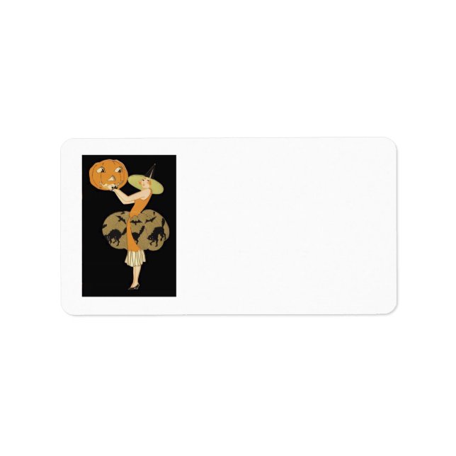 Art Deco Hexe Kürbislaterne Pumpkin Black Cat Adressaufkleber (Vorne)