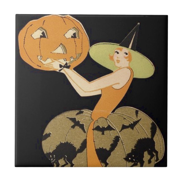 Art Deco Hexe Kürbislaterne Pumpkin Black Cat Fliese (Vorderseite)