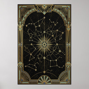 Art Deco Himmelskarte Poster   Gold Türkis
