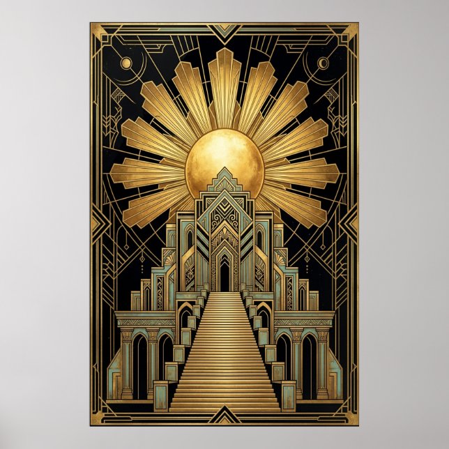 Art Deco Himmlischer Tempel Poster | Goldene Sonne (Vorne)