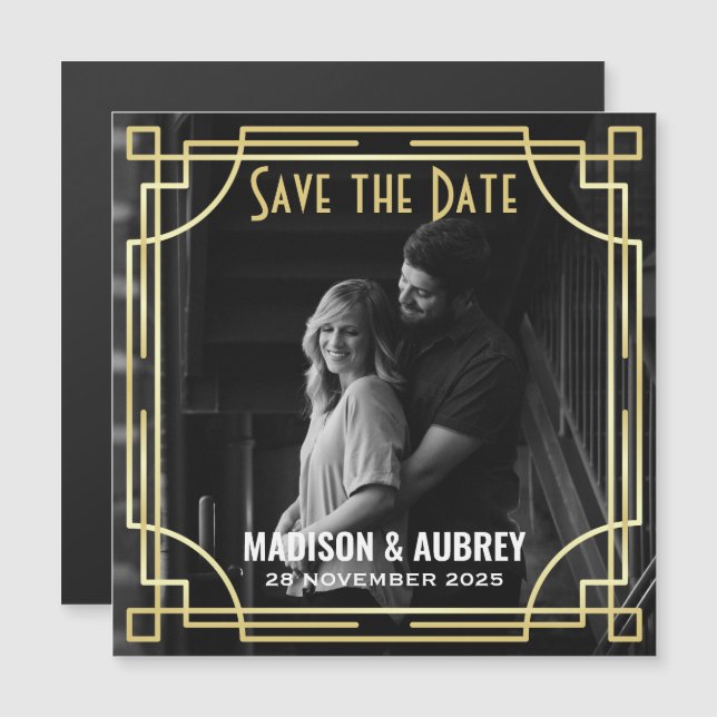Art Deco Hinzufügen Ihres Fotos Save the Date Gold Magneteinladung (Vorne/Hinten)