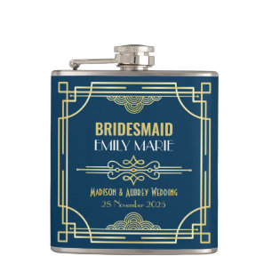 Art Deco Hochzeit Brautjungfer Gold Blau Gefallen  Flachmann