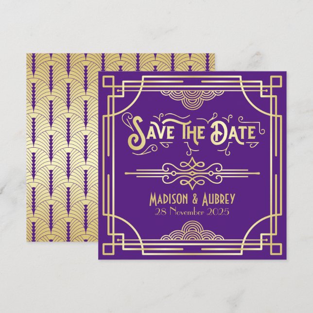 Art Déco Hochzeit Elegantes Lila Highlights Save The Date (Vorne/Hinten)
