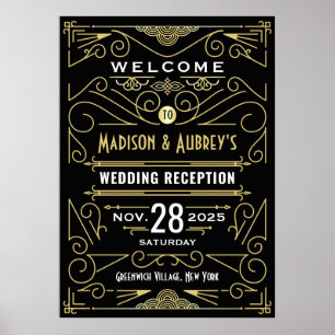Art Deco Hochzeit Empfang Gold Schwarz Begrüßungsz Poster