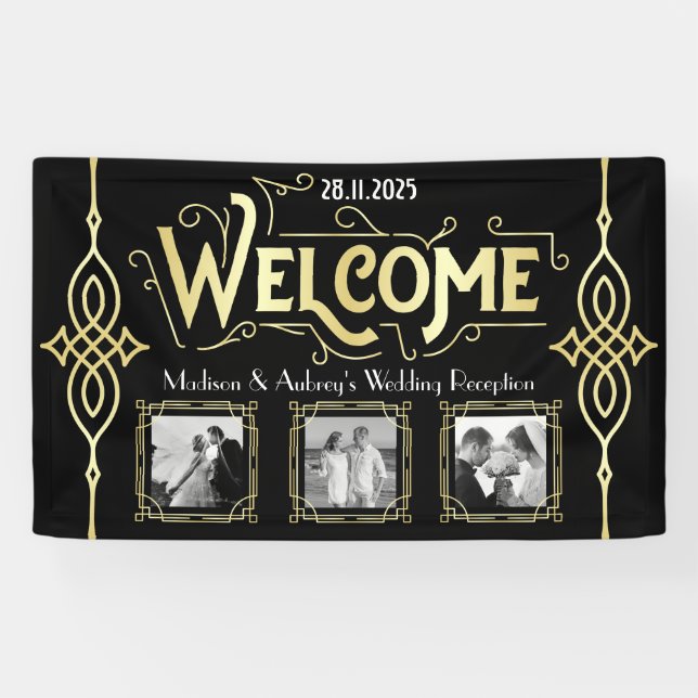 Art Deco Hochzeit Empfang Gold Schwarz Willkommen Banner (Horizontal)