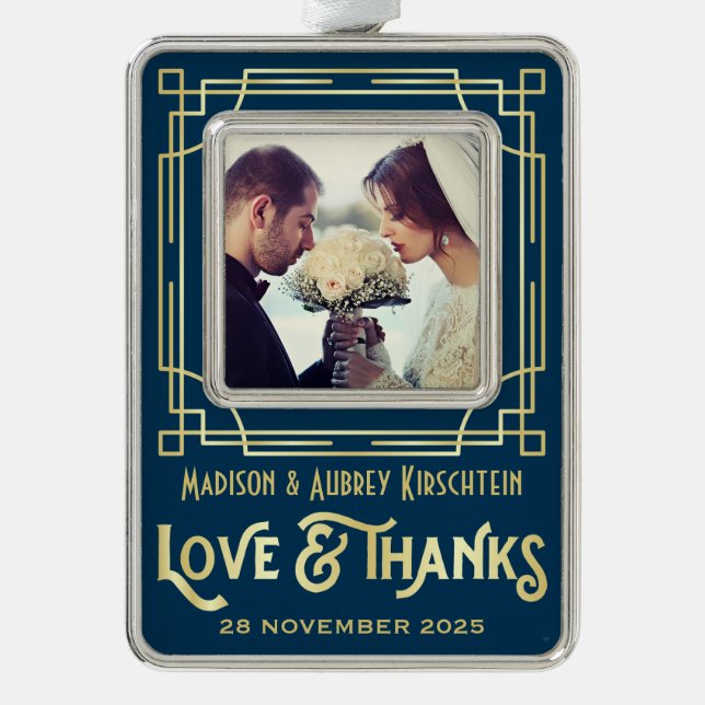 Art Deco Hochzeit Liebe & Dank Gold Blue Add Foto Rahmen-Ornament Silber (Vorderseite)