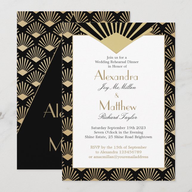Art Deco Hochzeit Probe Dinner Black Gold Einladung (Vorne/Hinten)