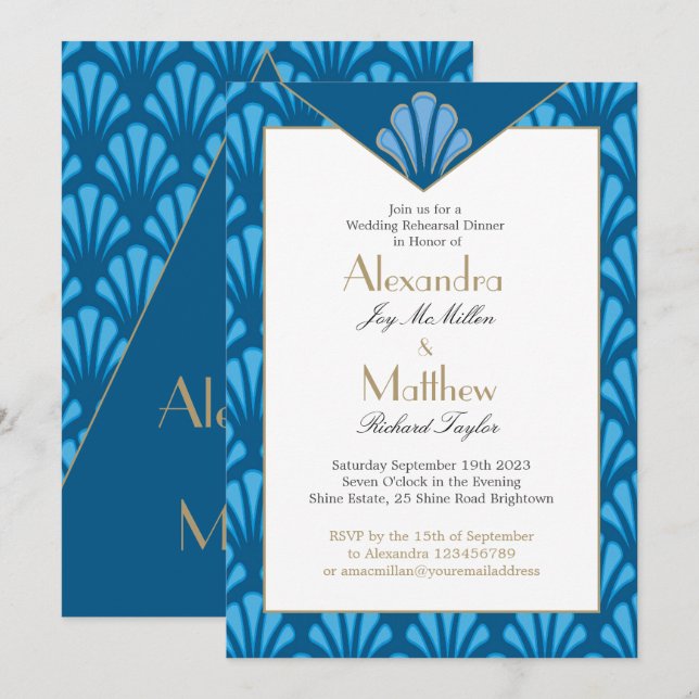Art Deco Hochzeit Probe Dinner Blau Vintag Einladung (Vorne/Hinten)