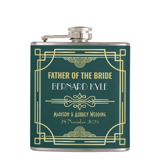Art Deco Hochzeit Vater der Braut Gold Green Flachmann (Vorderseite)