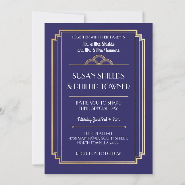 Art Deco Hochzeiten Einladungen Navy & Gold 1920er (Vorderseite)