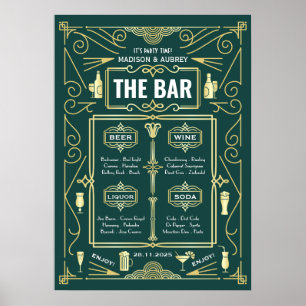 Art Deco Hochzeits-Open-Bar-Menü Gold Grün Party Poster