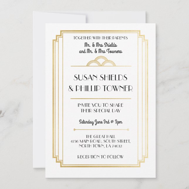 Art Déco Hochzeitseinladungen White & Gold der 20e Einladung (Vorderseite)