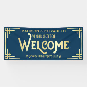 Art Deco Hochzeitsempfang Begrüßung Gold Dunkelbla Banner