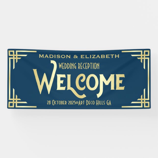 Art Deco Hochzeitsempfang Begrüßung Gold Dunkelbla Banner (Horizontal)