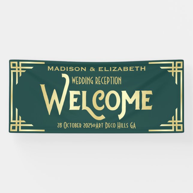 Art Deco Hochzeitsempfang Begrüßung Gold Grün Banner (Horizontal)