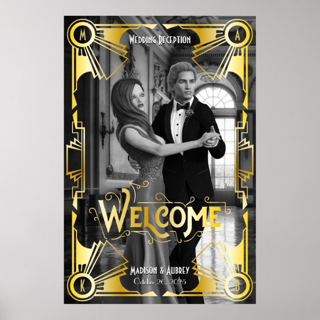 Art Deco Hochzeitsempfang Willkommen Gold & Black Poster (Vorne)