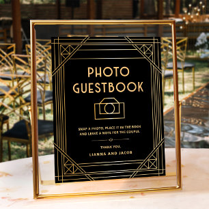 Art Deco Hochzeitsfoto Gästebuch Schild Schwarz Go