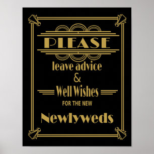 Art Deco Hochzeitsschild Gold- und schwarzes Wünsc Poster