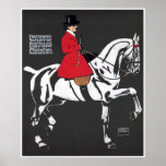 ART DECO HORSE and RIDER: Fine Art Poster<br><div class="desc">Ein wirklich auffallendes und raffiniertes Deko-Gemälde, das als Werbung für einen deutschen Sportschneider verwendet wird. Es wird in zeitlosem Rot, Weiß und Schwarz ausgeführt und zeigt ein gut aussehendes, weißes Pferd und eine Frau, die in einem vollen Reitoutfit mit rotem Fell, schwarzem Top-Hut und Reittier, verlobt im Dressurreiten, reiten reiten...</div>