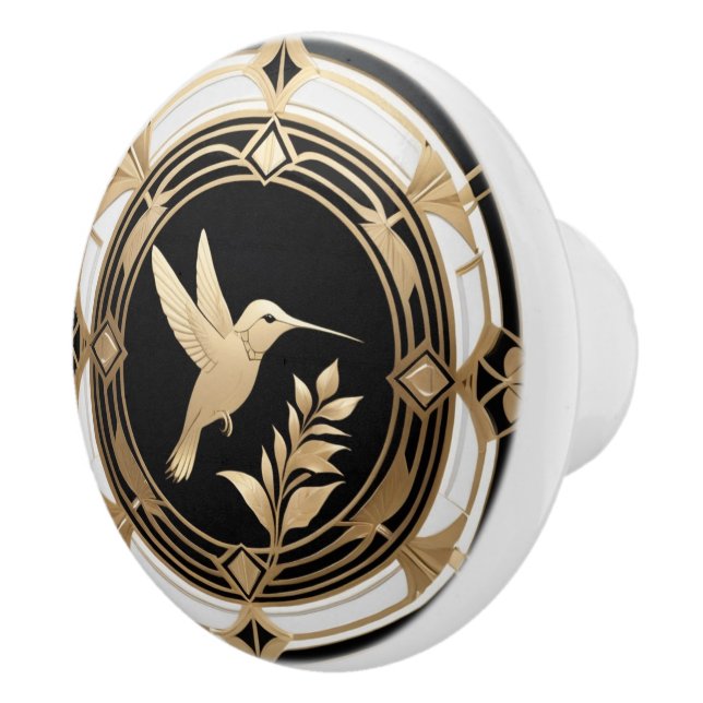 Art Deco Hummingbird Schwarz-weiß Gold Keramikknauf (Rechts)
