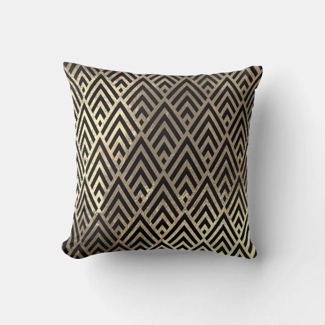 Art Deco Imitate Sepia Schwarze Gold Dreiecke Geom Kissen (Vorderseite)