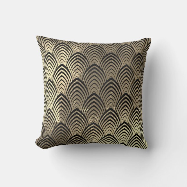 Art Deco Imitate Sepia Schwarze Gold Scales Klassi Kissen (Vorderseite)