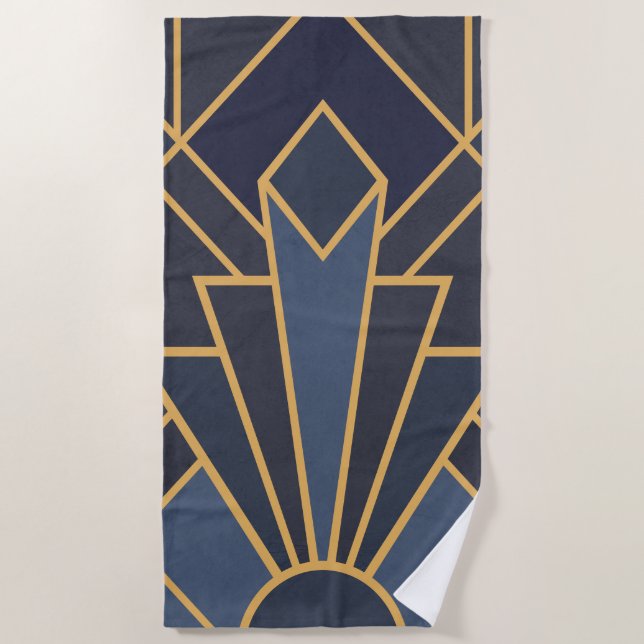 Art Deco Inspiration in Blau und Gold Strandtuch (Vorderseite)