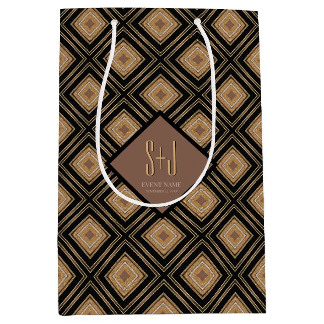 Art Deco Inspo Gold Brown Black Geometric Pattern Mittlere Geschenktüte (Vorderseite)