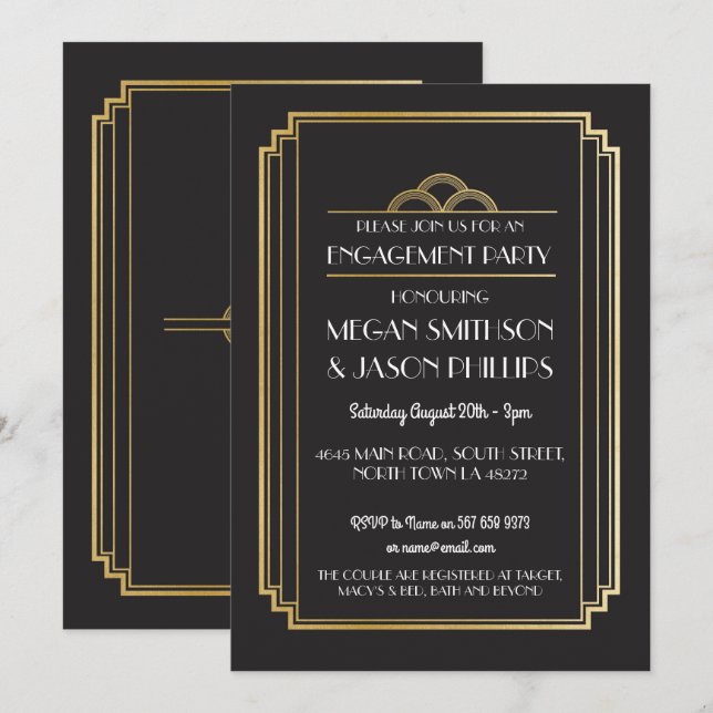 Art Déco Invitations de parties d'engagement Gold (Devant / Derrière)