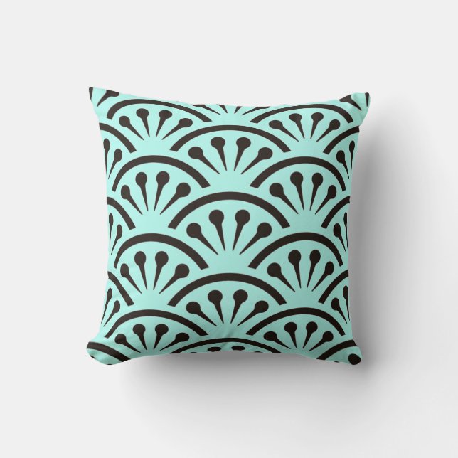 Art Deco Japan (Aqua + Schwarz) Kissen (Vorderseite)
