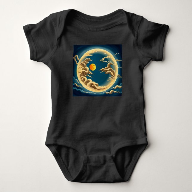 "Art Deco japanisch-Inspiriert Vollmond und Wolken Baby Strampler (Vorderseite)