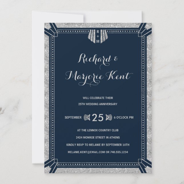 Art Deco Jubiläum Party Silver und Navy Blue Einladung (Vorderseite)