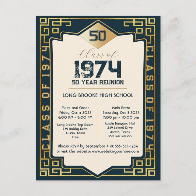 Art-Deco-Klasse von 1974 50 Jahre High School-Wied Postkarte (Vorderseite)