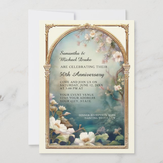 Art Deco Klassische Blume Gold Foto 50 Jahre Einladung (Vorderseite)
