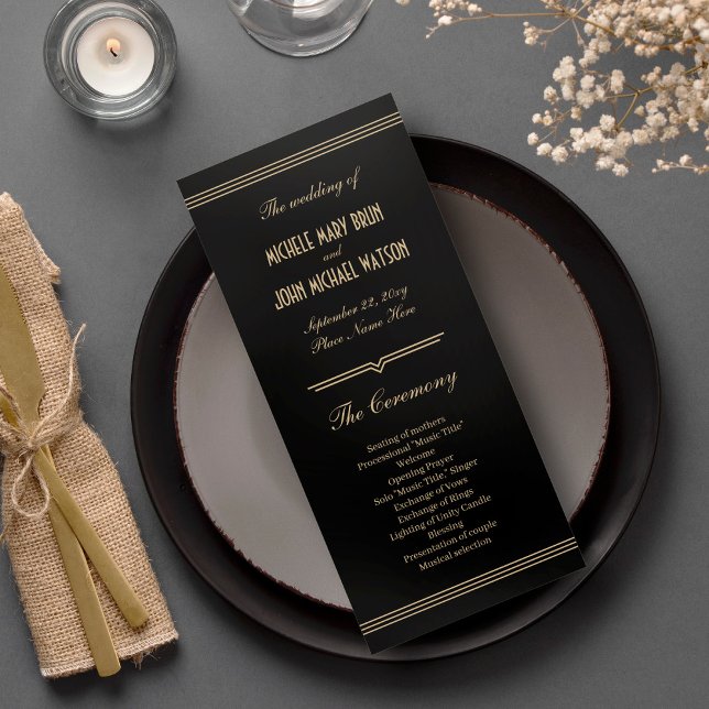 Art Deco Klassische schwarze Hochzeitsprogrammkart (Von Creator hochgeladen)