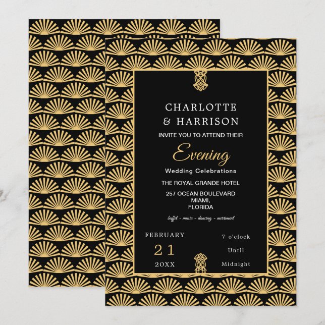 Art Deco Klassischer Black Gold Abend Hochzeit Einladung (Vorne/Hinten)