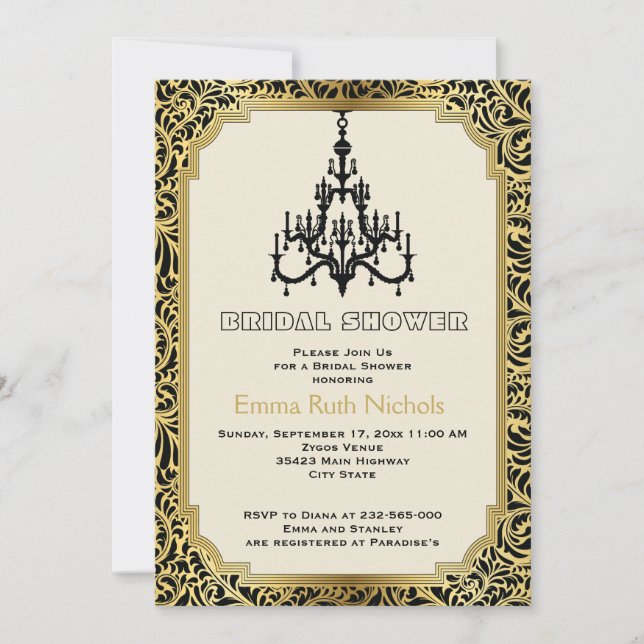 Art-Deco-Kronleuchter Gold Hochzeit Brautparty Einladung (Vorderseite)