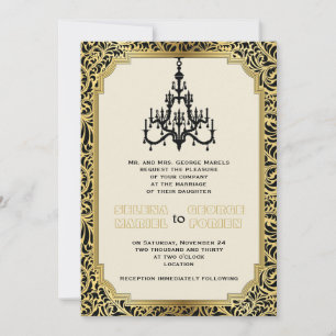 Art Deco Kronleuchter schwarz, goldene Hochzeit Einladung