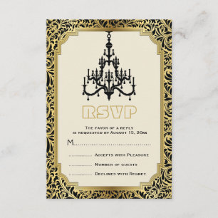 Art Deco Kronleuchter schwarz, goldene Hochzeit RS RSVP Karte