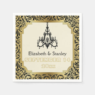 Art-Deco-Kronleuchter schwarz, goldfarbene Damast Serviette