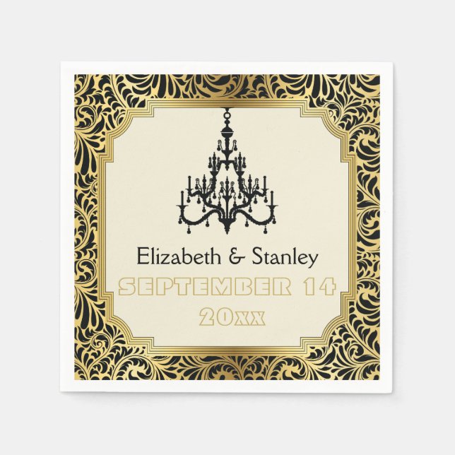 Art-Deco-Kronleuchter schwarz, goldfarbene Damast  Serviette (Vorderseite)