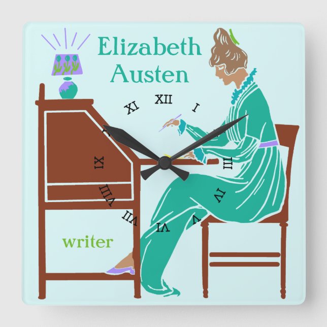 Art Deco Lady Author am Schreibtisch in Aquamarin Quadratische Wanduhr (Vorderseite)