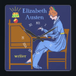 Art Deco Lady Author am Schreibtisch in blau Quadratische Wanduhr<br><div class="desc">Diese personalisierte quadratische Wanduhr hat einen Vintagen Art Deco Schablonenlook. Eine Frau in einem blauen Kleid sitzt an einem Schreibtisch mit aufgehauchtem Stift, während eine Lampe neben ihr scheint. Der Hintergrund ist dunkelblau. Die Frau sieht aus, als wäre sie aus dem 19. oder frühen 20. Jahrhundert. Das Design ist modern...</div>
