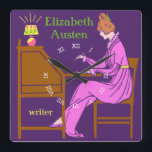 Art Deco Lady Author am Schreibtisch in Rosa Quadratische Wanduhr<br><div class="desc">Diese personalisierte quadratische Wanduhr hat einen Vintagen Art Deco Schablonenlook. Eine Frau in einem rosa Kleid sitzt an einem Schreibtisch mit Schreibtisch, der aufgereiht ist, während eine Lampe neben ihr scheint. Der Hintergrund ist dunkel lila. Die Frau sieht aus, als wäre sie aus dem 19. oder frühen 20. Jahrhundert. Das...</div>