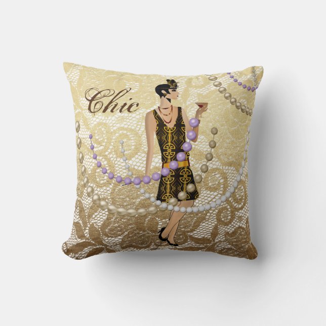 Art Deco Lady Gold Floral Lace Kissen (Vorderseite)
