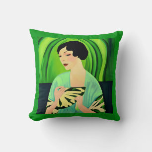 Art Deco Lady mit einem Fan in Jade Green Kissen