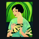 Art Deco Lady mit einem Fan in Jade Green Poster<br><div class="desc">Drucken in einem Art-Déco-Portrait einer Dame in einem Kimono,  mit einem Fan,  vor einem abstrakten Hintergrund in Jade</div>