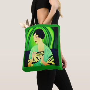 Art Deco Lady mit einem Fan in Jade Green Tasche