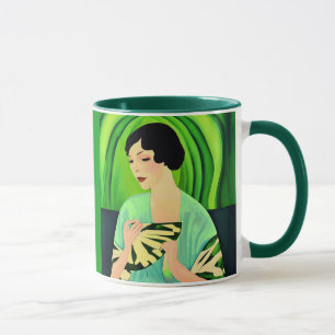 Art Deco Lady mit einem Fan in Jade Green Tasse